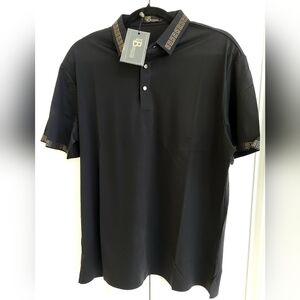 Barocco Polo Shirt, Size XL, Black, Greek Key Gold Accent
